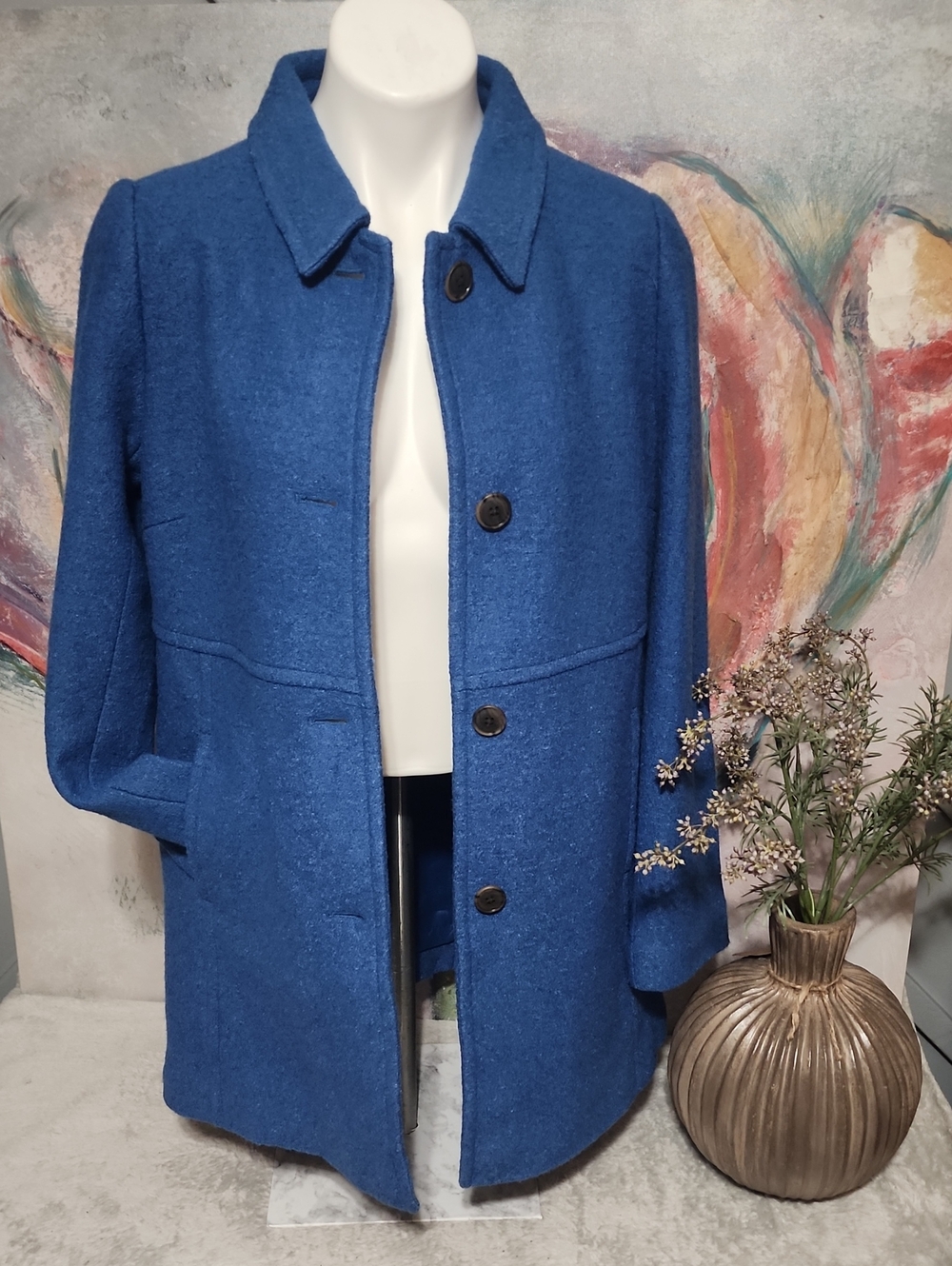 Lands' End NWT Blue Boiled Wool Blend Button Front Car Coat Jacket Size 6